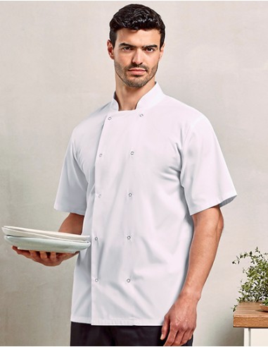 P-PR664-Studded Front Short Sleeve Chefs Jacket